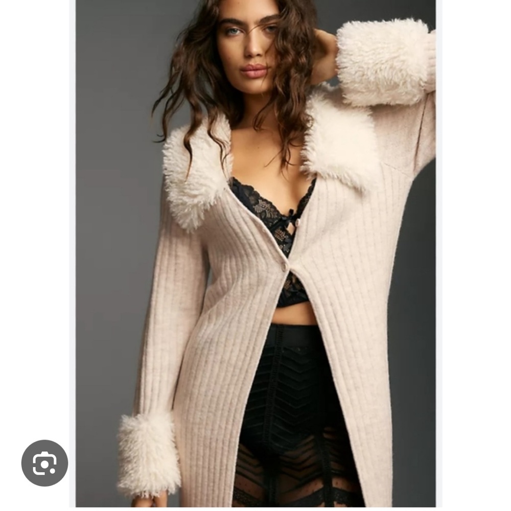 Anthropologie White Cardigan with Faux Fur Trim
